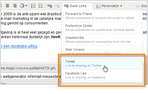 Twitter button of Facebook like button in je nieuwsbrief
