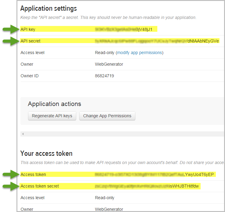 Twitter Application API Settings